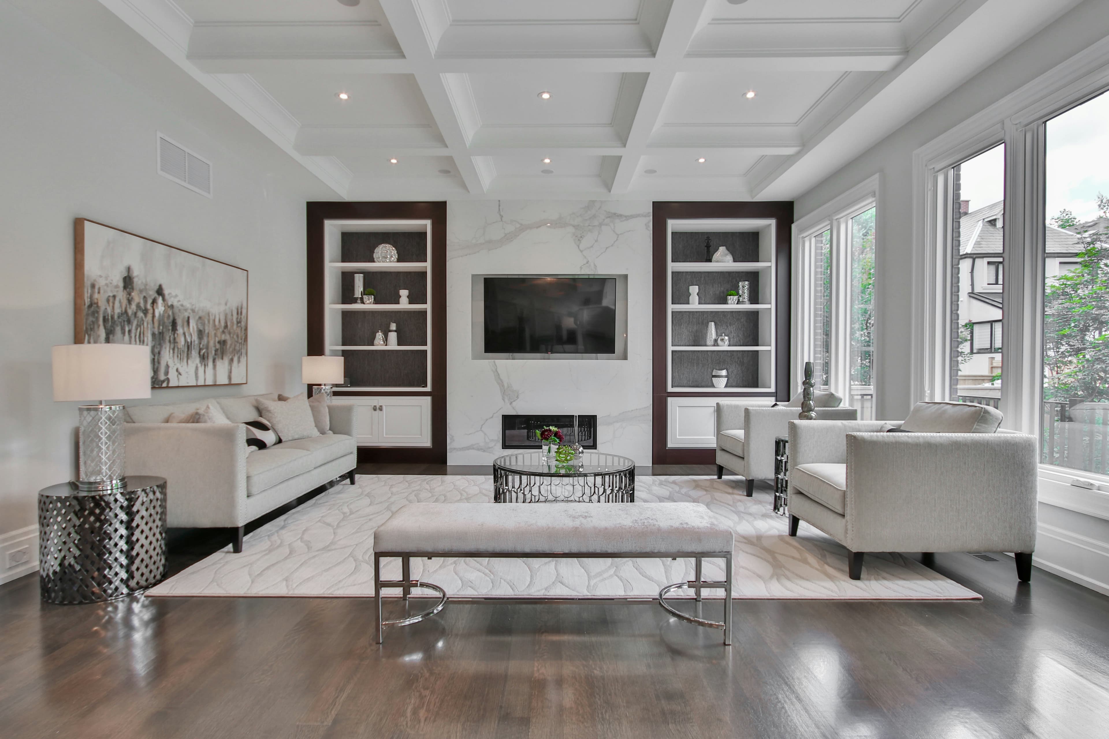 Spacious family room with warm lighting